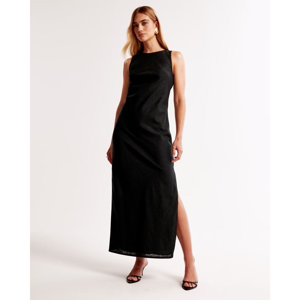 Abercrombie & Fitch Linen Blend Size Large TALL High Neck Midi Maxi Black Dress
